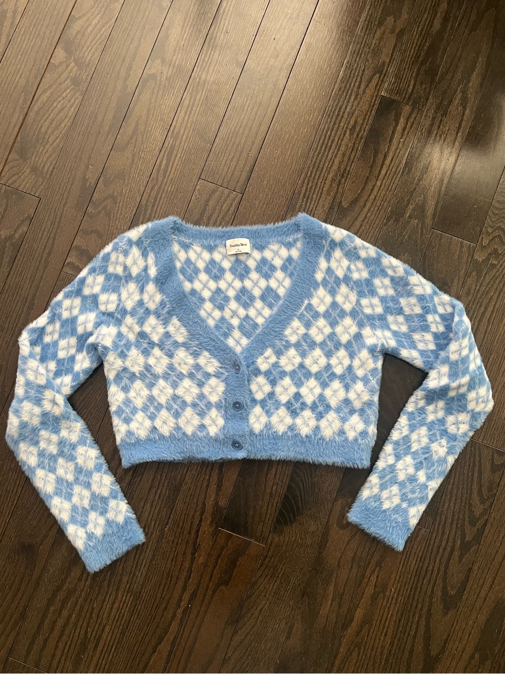 Sunday Best Blue and White Argyle Fuzzy V-Neck Cropped Cardigan